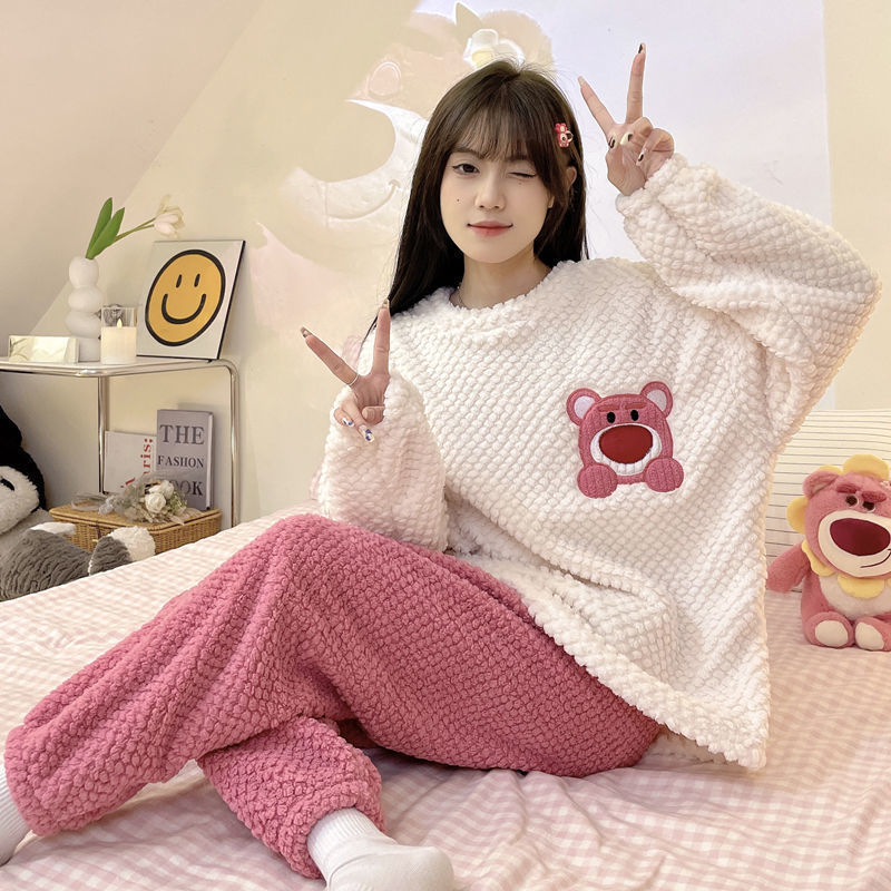 睡衣女秋冬季珊瑚绒加厚保暖韩版束口卡通可爱法兰绒家居服套装女|undefined