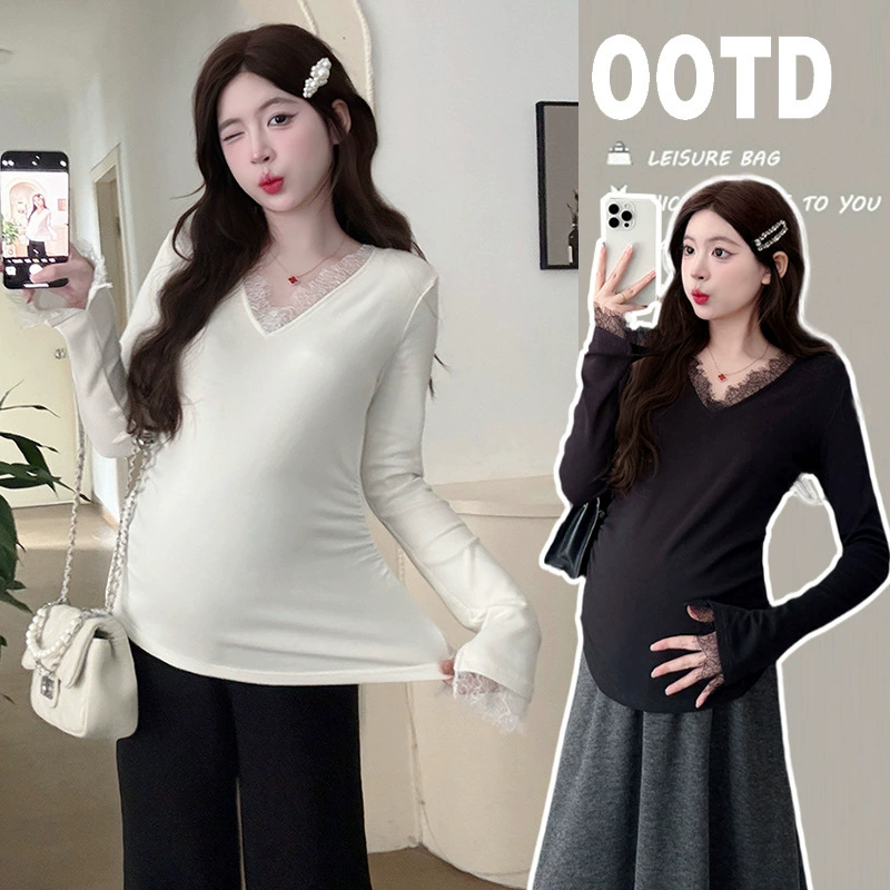 Нижняя рубашка для беременных 2024 новый модный кружевной V-образный вырез осенью и зимой