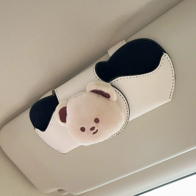 Case, Sun Visor, Sunglasses Clip, Car Glasses Clip/Bill Clip - off-white-glasses-case-and-leather-case-short-plush-bear