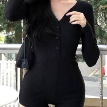 V领长袖黑色辣妹连体裤女秋冬2025新款纯欲风气质包臀打底裤