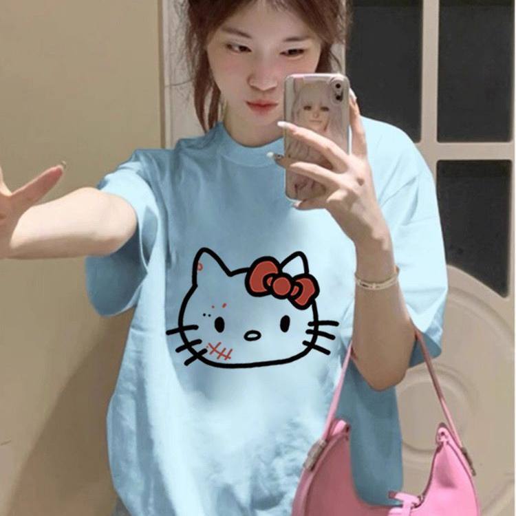 Pure Cotton Blue Short-Sleeved T-Shirt for Women 2026 New Style American Loose Large Size Unique Niche Hellokitty Top Pure Cotton Blue Short-Sleeved T-Shirt for Women 2026 New Style American Loose Large Size Unique Niche Hellokitty Top