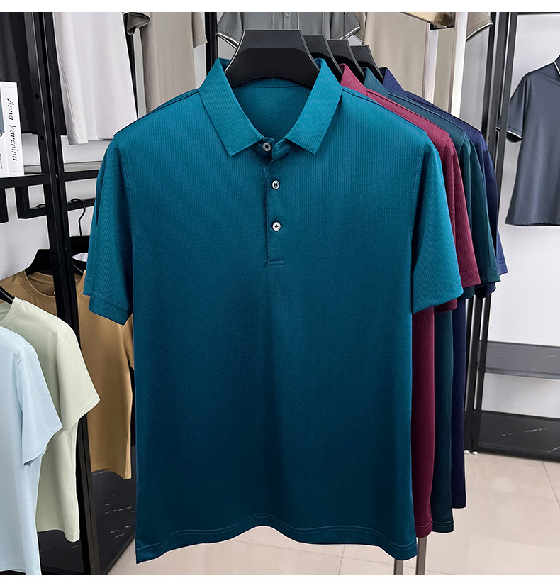 Áo polo nam tay ngắn lụa tơ tằm cao cấp phong cách công sở — Xanh đậm 15580 chi tiết 12