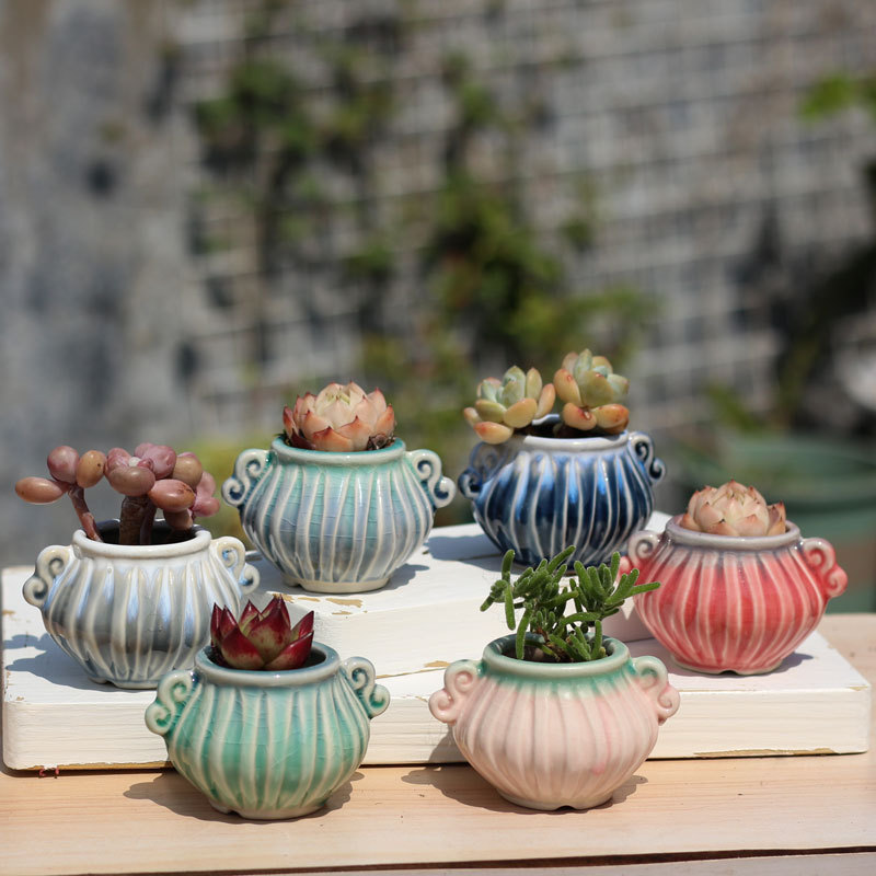 Ice-Cracked Light-Loving Pot, Coarse Pottery Breathable Thumb Pot, Double-Eared Small Pottery Pot, Succulent Flower Pot, Ceramic Succulent Pot, Exquisite Pot