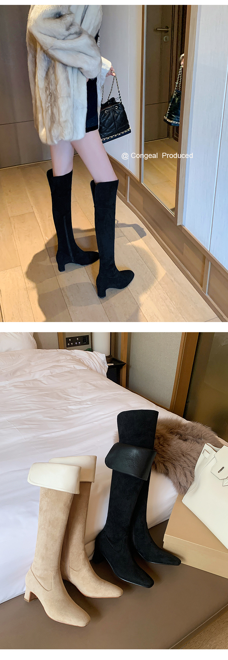 Boot nữ cổ cao quá gối mũi vuông gót thô 5 cm phong cách Hàn Quốc, có thể gập ống — Lớp lót nhung ống nhỏ màu đen 5cm chi tiết 28