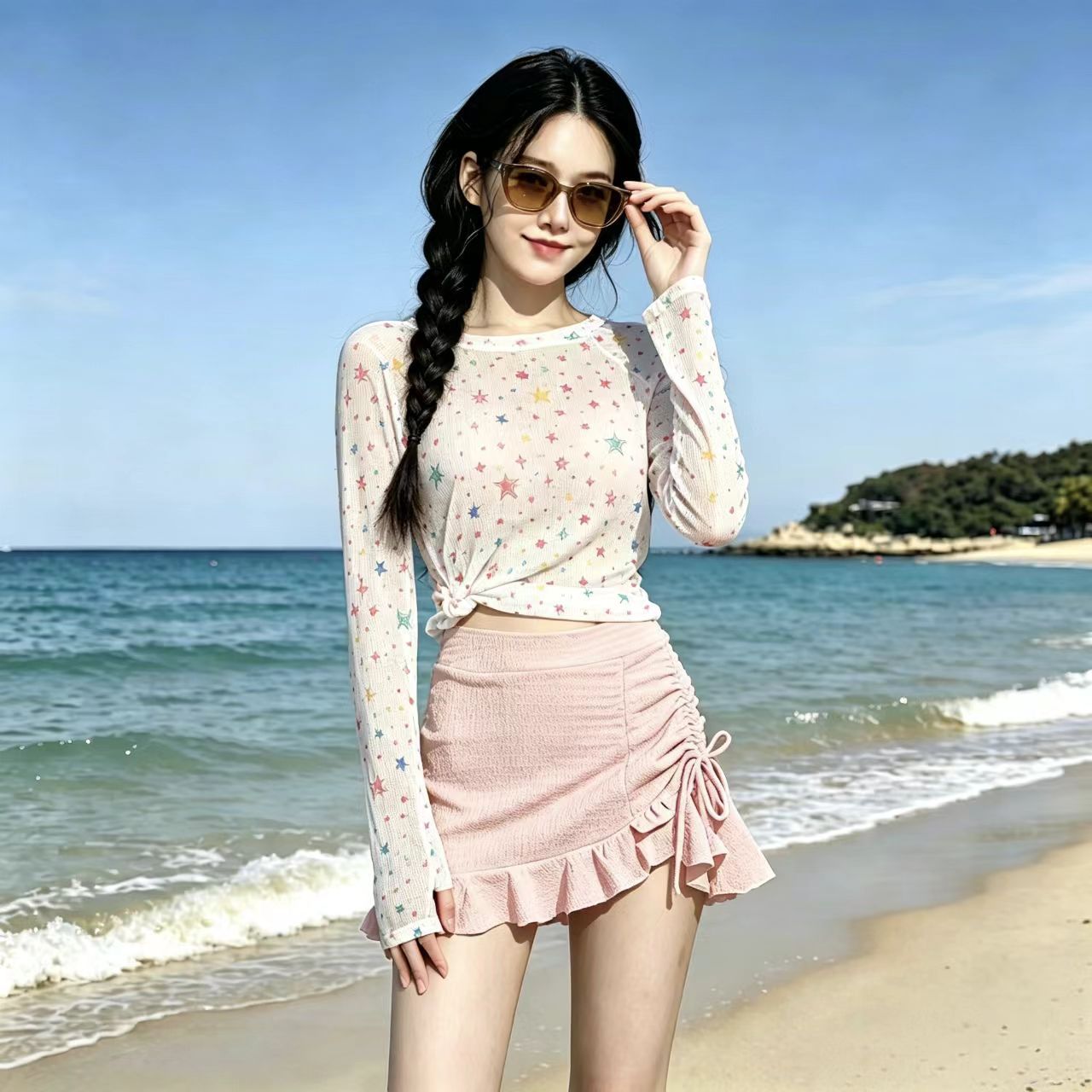 Women's Three-Piece Set Pure Desire Girl Style Drawstring Long-Sleeve Sun-Protective Vacation Swimsuit Wholesale Women's Square-Cut Swimsuit