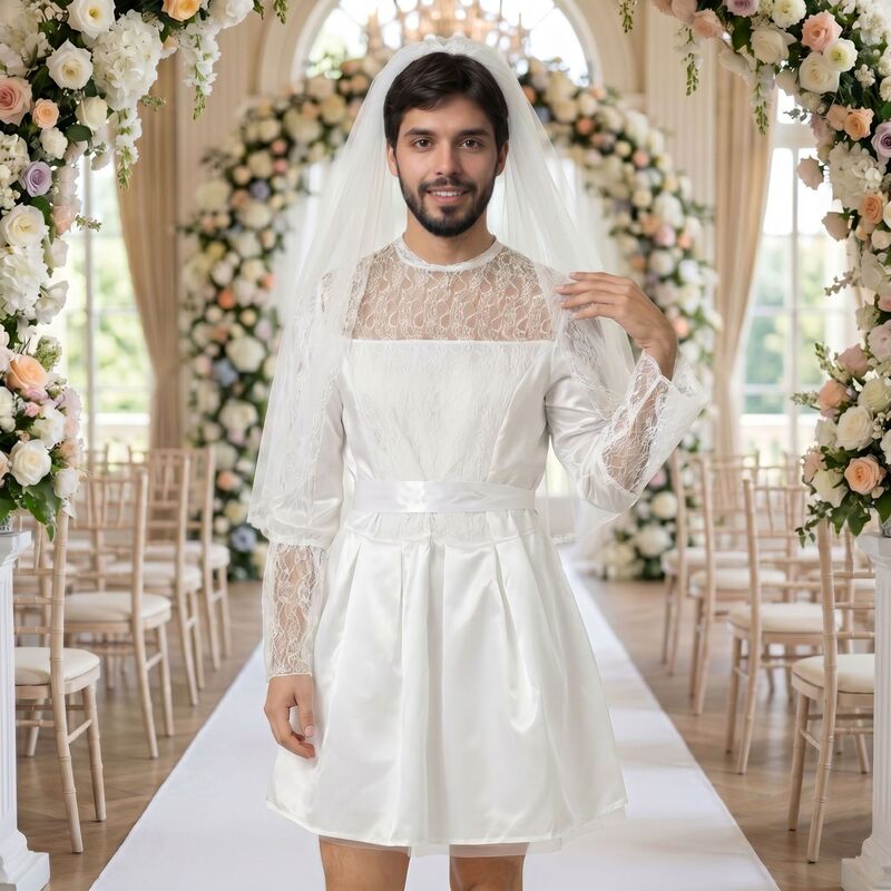 In-Stock Halloween Male Bride Cosplay Costume for Masquerade Party, Wedding Bride Dress, Prank Game Outfit
