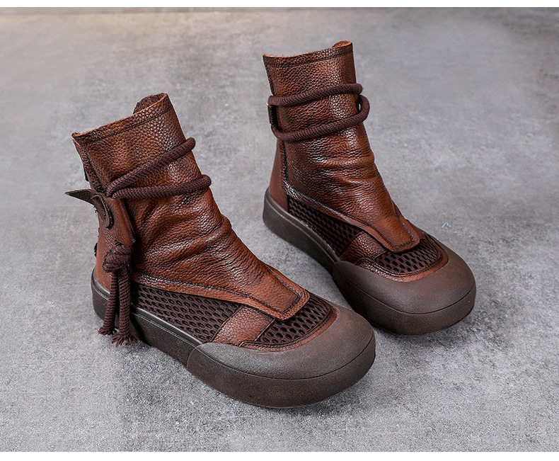 Boot Martin lưới mùa hè da bò thật cổ cao ôm bắp chân — Màu nâu chi tiết 13