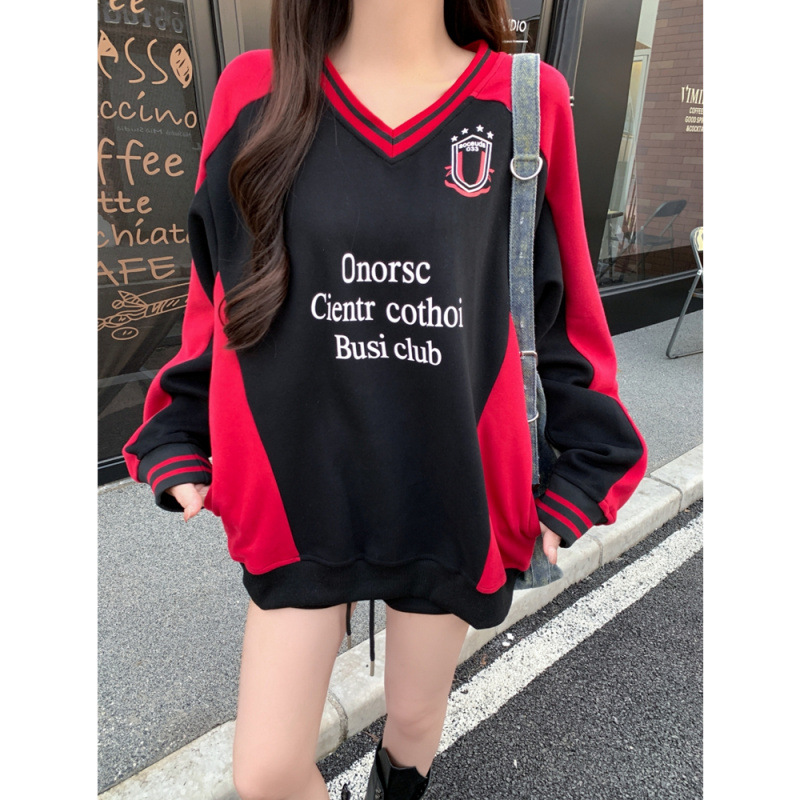 Street Letter V-Neck Color-Block American Style 2024 Autumn Winter Sweatshirt Unisex Couple Sportswear Printed Trendy_voghion.com