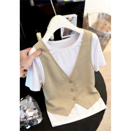 时尚气质假两件小众设计感短袖T恤女夏季新款正肩内搭马甲假两件