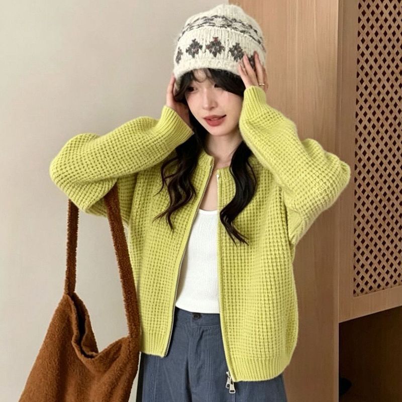 Round-neck knitted cardigan for women, autumn/winter, double-zipper, short style, soft and comfortable, loose fit, versatile, casual sweater jacket