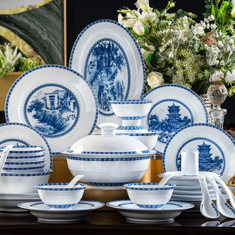 Городской шарм Jingdezhen фарфор. Длинный лужаоу павильон синий и белый фарфор посуда миски и ложки белый фарфор толстые пригодна для microwave обновитель подарочная упаковка