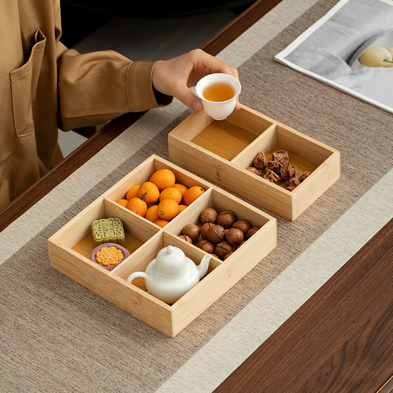 新しい中国風の炉茶宮殿グリッドフルーツプレートスナックドライフルーツプレート竹プレート分割宮殿グリッドトレイ鍋おかずプレート|undefined