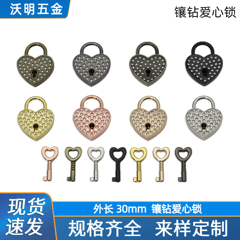 Heart-shaped diamond-encrusted lock for bags and luggage, decorative wedding padlock, heart-shaped lock with key, metal lock