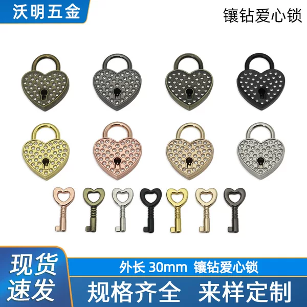 Heart-shaped diamond-encrusted lock for bags and luggage, decorative wedding padlock, heart-shaped lock with key, metal lock