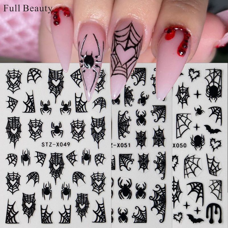 FULL BEAUTY Cross-border New Halloween Nail Art Stickers Black Love Spider Web Bat Adhesive Nail Stickers