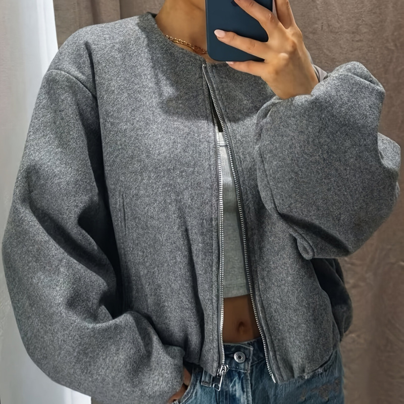 European and American style gray short jacket for women, round neck, full zipper, puff lantern long sleeves, elastic drawstring, high-waisted jacket