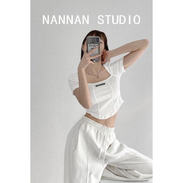 INS marea diseño sentido de la clavícula del cuello cuadrado puro quiere atar la primavera femenina y el verano corto curvo cintura manga corta Camiseta top