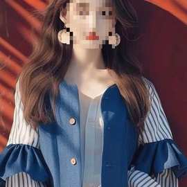 法式荷叶边拼接条纹衬衫春秋新款感韩系洋气宽松显瘦上衣