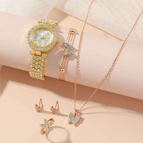 New product dropshipping trendy butterfly ladies full diamond watch set 5pcs/set