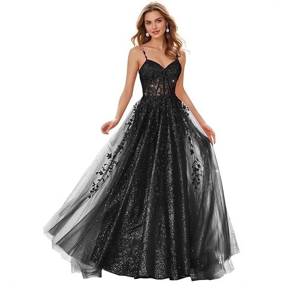 Shiny Tulle Evening Dress 2026 New Style Lace Applique European and American Style Long Formal Evening Dress with Thin Straps