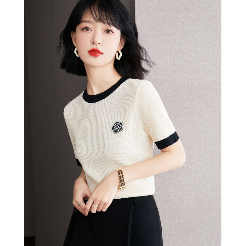 Outlet Counter Brand Cut Label Women's Clothing Small Fragrant Style Ice Silk Short-Sleeved T-Shirt with Contrasting Color Top
