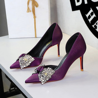 9267-AH159 European and American style fashion silk, rhinestone bow, pointed side hollow, one foot high heel single shoe