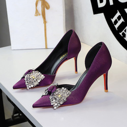 9267-AH159 European and American style fashion silk, rhinestone bow, pointed side hollow, one foot high heel single shoe