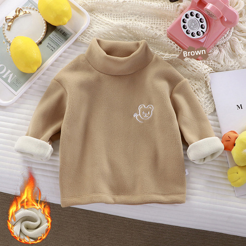 Thick padded base shirt for children, autumn and winter wear, baby half-high collar, inner wear for boys and girls, warm embroidery little bear hoodie, long sleeve
