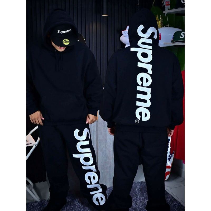 Cross-Border Sup Ss2Box Logo Embroidered Patch on the Back Casual Set with Fleece-Lined Pants and Loose Hooded Sweatshirt Cross-Border Sup Ss2Box Logo Embroidered Patch on the Back Casual Set with Fleece-Lined Pants and Loose Hooded Sweatshirt
