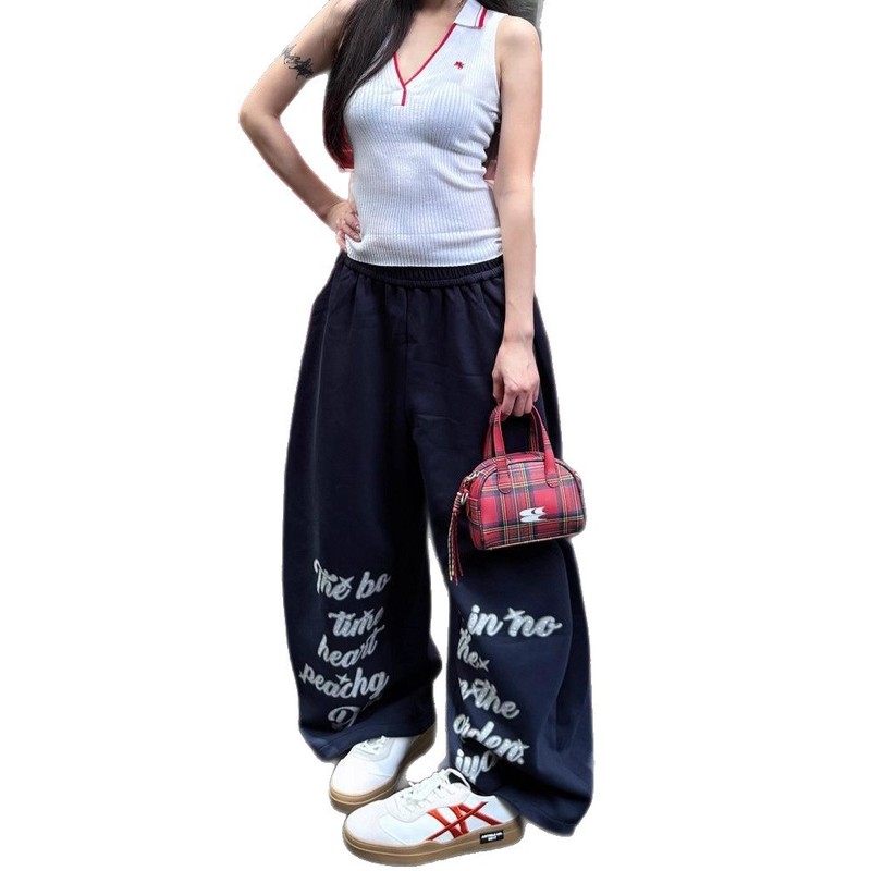 美式街舞嘻哈运动裤街头卫裤女字母印花长裤阔腿休闲显瘦弯刀裤子|undefined