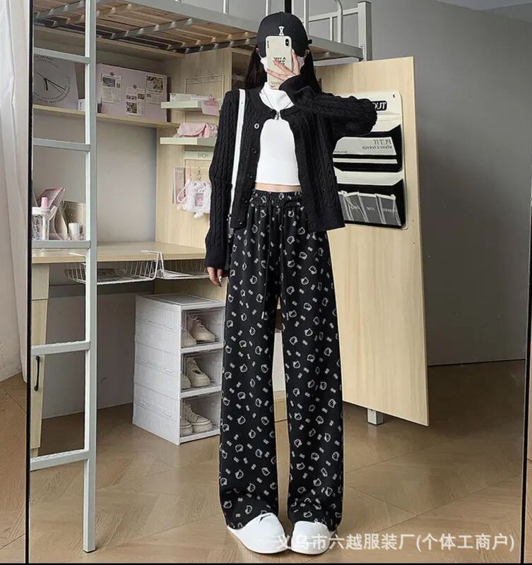 卡通印花灯芯绒直筒裤女秋冬季加绒裤子女休闲百搭宽松高腰阔腿裤|undefined