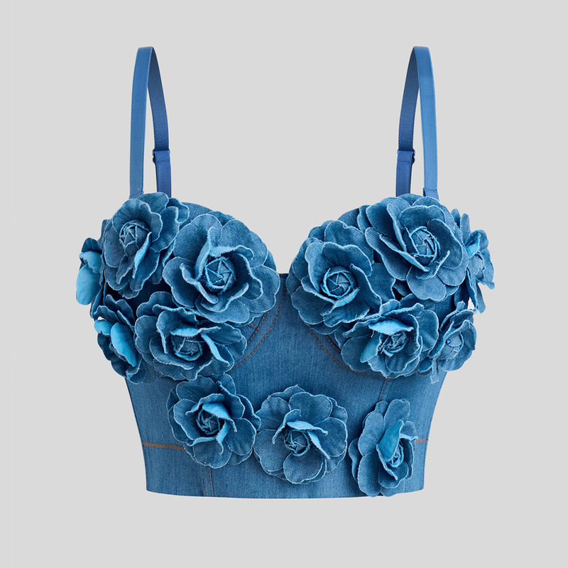 Luqiu Guo Pure Desire Small Suspender Women's Summer Handmade Flower Embellished Bra Denim Camisole Top Db1677