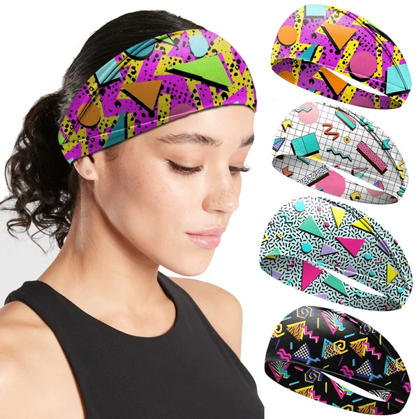 European and American 80's vintage printed hair band sports headband women's hair band sweat-absorbent and antiperspirant band Men's wide-brimmed yoga hair accessories