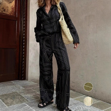 跨境2025早秋新款时尚套装欧美长袖印花文艺风衬衫裤子女两件套