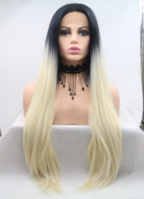 Peruca de moda 1b gradiente #613 cabello largo recto fibra química delantera encaje mitad mano gancho cubierta de cabeza europea y americana LW0319