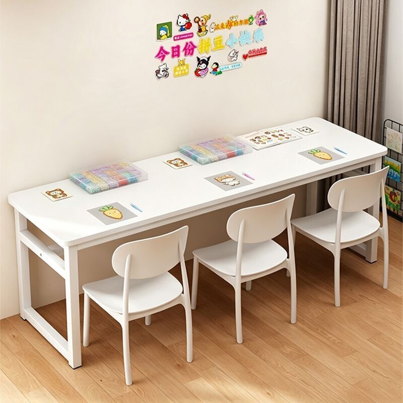 Cream-colored, long, double-layer study desk for two people, perfect for DIY crafts and simple work Cream-colored, long, double-layer study desk for two people, perfect for DIY crafts and simple work