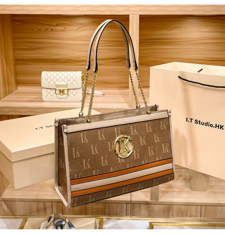 Túi tote da thật dây xích nữ sức chứa lớn đeo vai chéo — Màu nâu nhạt chi tiết 7