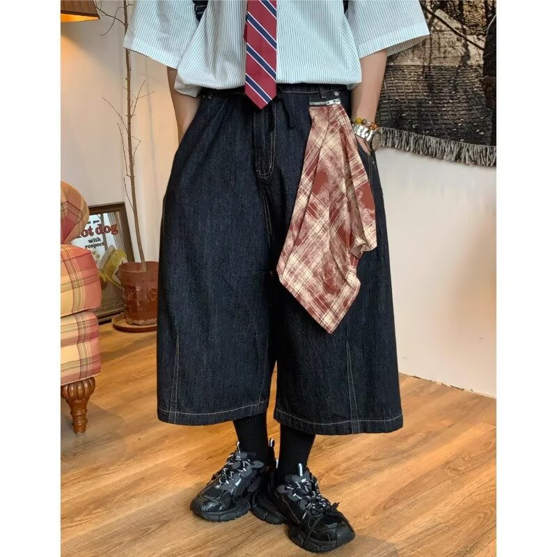 American Retro Silk Scarf Splicing Denim Cropped Pants Men's Summer Street Hip-Hop Loose Wide-Leg Pants Shorts