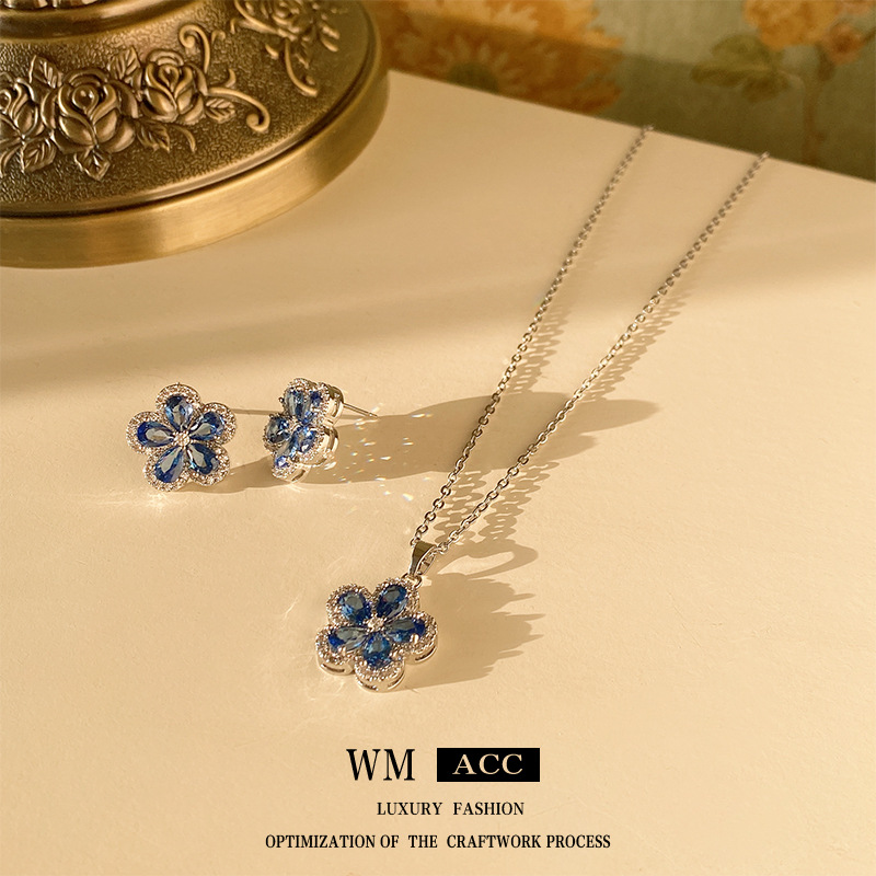 Aguja de plata azul aretes de flor de zircón estilo ligero de lujo estilo alto collar nuevo aretes al por mayor image 5