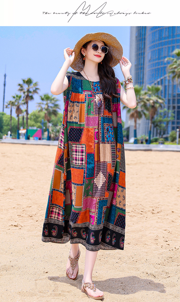 2025 New Cross-Border Plus Size Bohemian Beach Long Cotton Floral Women's Summer Dress_ecoleips.com