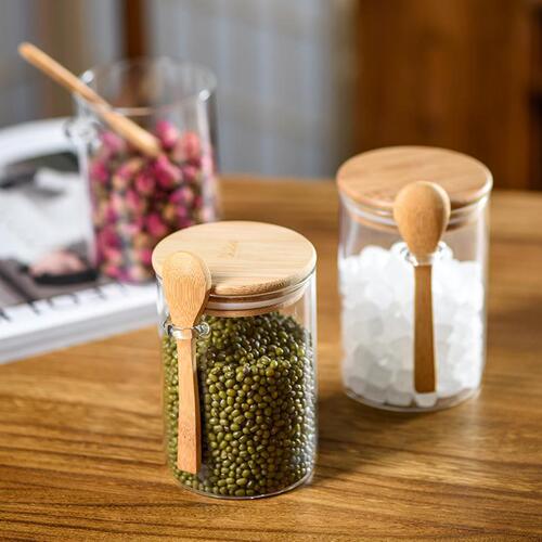 Glass sealed jar with lid storage jar for coarse grains and nuts storage jar kitchen storage glass bottle wooden spoon