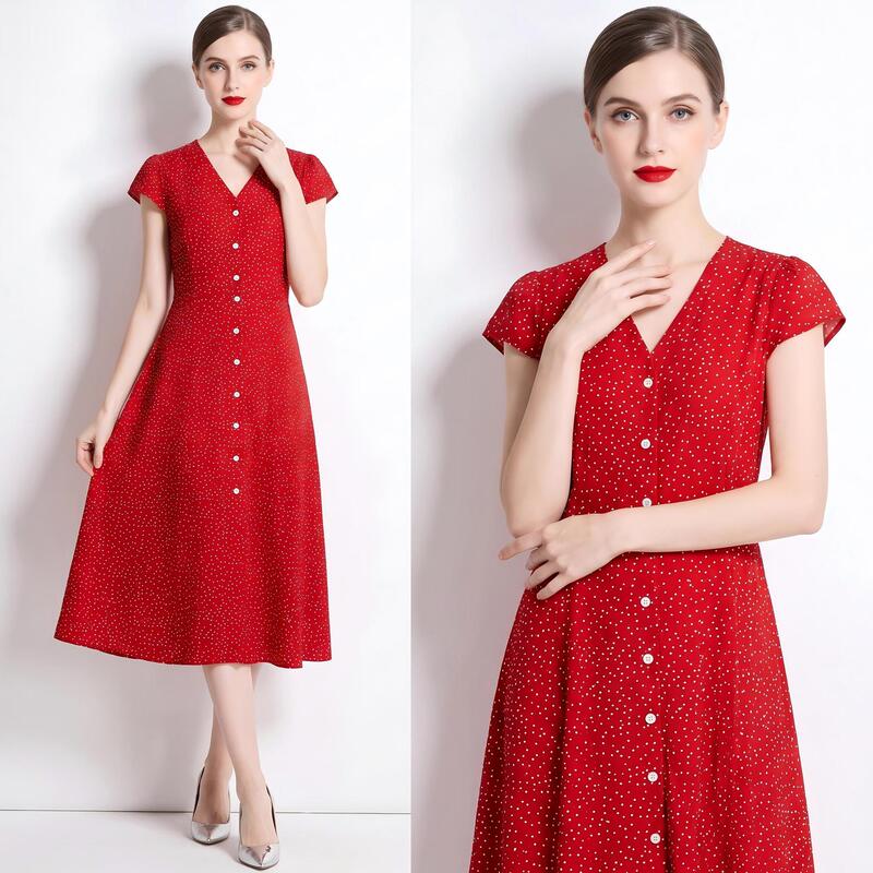 Carefully Selected French Red Polka Dot V Neck Women's Short-Sleeved Dress Summer Single-Breasted Lace-Up Waist Slimming Look A-Line Mid-Length Skirt