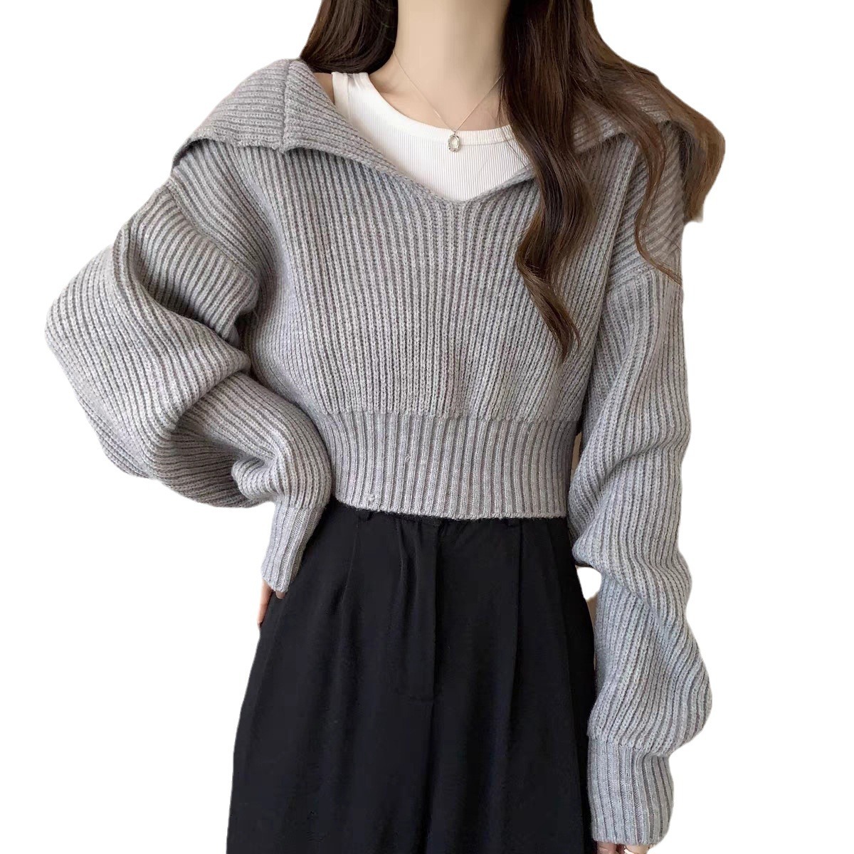 Conjunto de dos piezas gratis abrigo de suéter de cuello azul marino para mujeres 2023 Otoño e Invierno suéter suelto pequeño suéter corto image 7