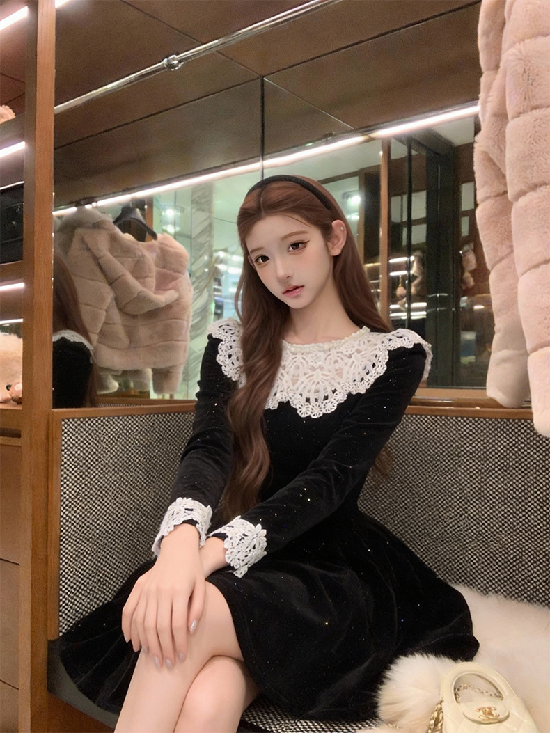 Đầm midi nhung A chữ cổ tròn ren hoa thắt eo — đen chi tiết 6