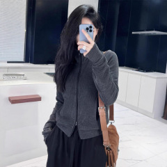 双拉链立领卫衣女2025秋新款设计感显瘦短款德绒休闲运动开衫外套