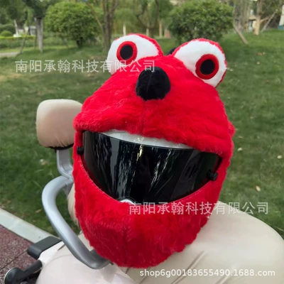Artificial Rabbit Fur Motorcycle Helmet, Motosiklet dəbilqələri - one-size-fits-all-red-big-eyed-frog