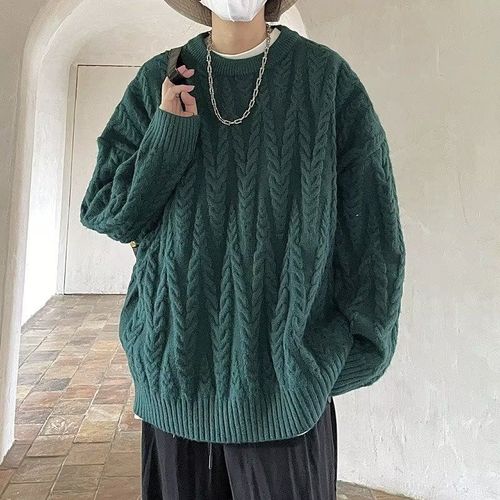 Japanese-style loose cabled sweater for men and women, outerwear couple's Korean design, lazy style, Hong Kong style, round neck knitted jacket for men