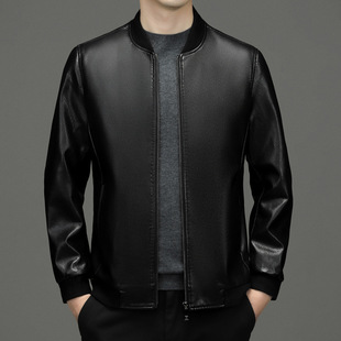 High-End Textured Genuine Leather Jacket for Men, Spring and Autumn Motorcycle Jacket, Middle-Aged Casual Baseball Collar Leather Jacket, Dad Outfit