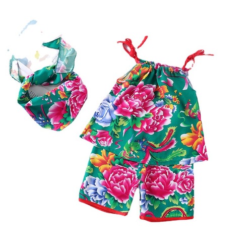 Children's strap set, unisex thin cotton silk vest and shorts two-piece set, popular baby Northeast flower set