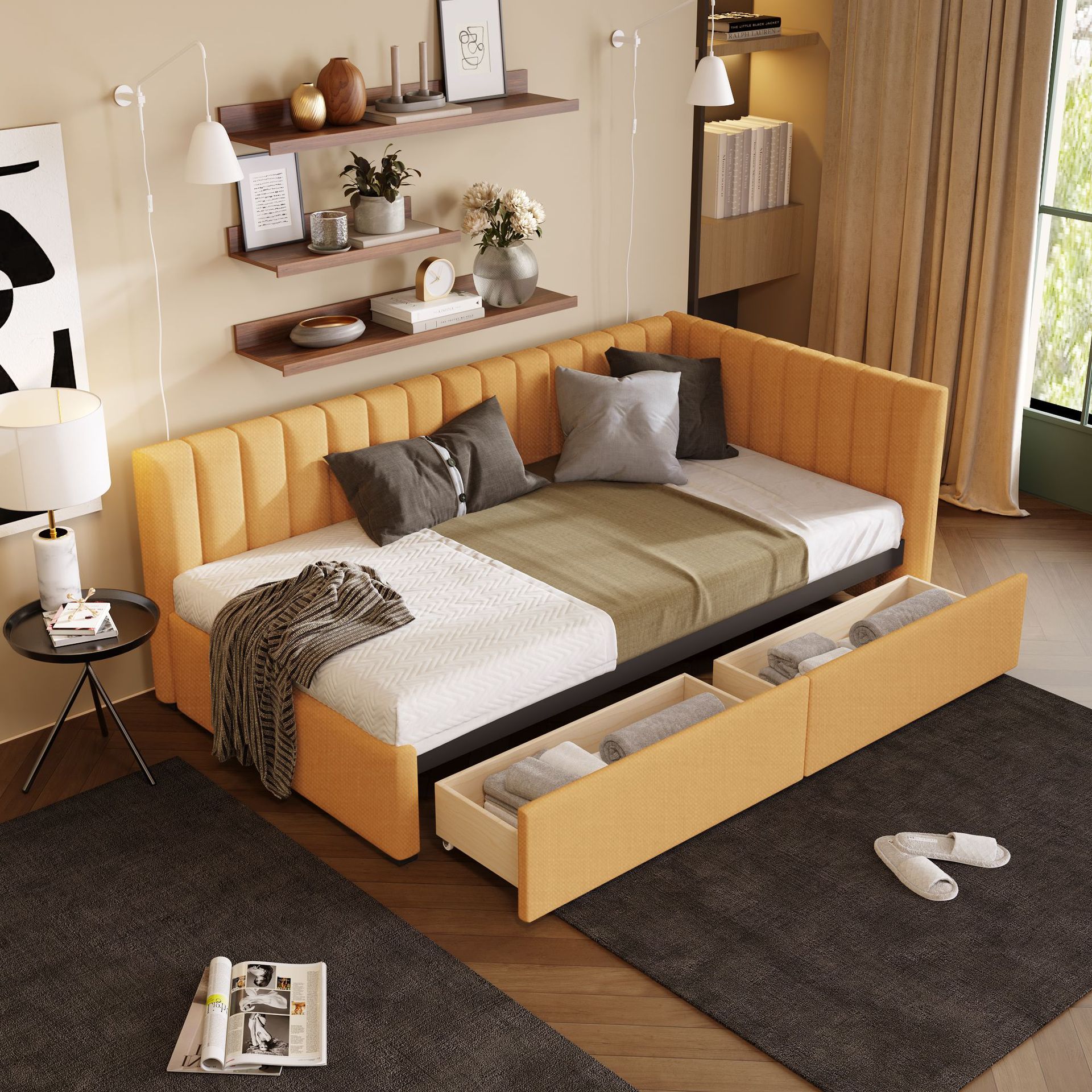 Camas de tela modernas y simples, lujosas nórdicas, camas dobles de dormitorio principal, paquetes blandos pequeños, red